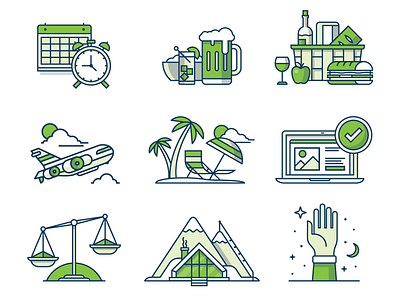 Team Culture Icons alarm basket beer booze calendar food mountain picnic plane scale space vacation