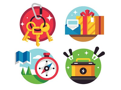 Icon-istrations battery compass explore gift icon illustration keychain keys map present stopwatch trees