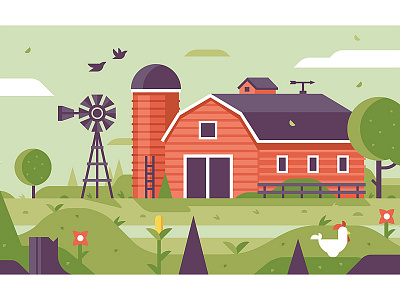 Farm barn bird chicken corn farm flower grass sky tree windmill