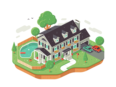 Isometric House car clouds colonial dog isometric lawn mailbox plants pool tree