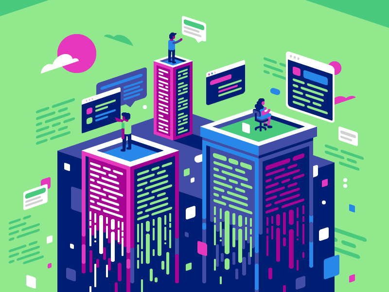 Bits 'n Buildings digital city ux ui cloud isometric city neon building data bits