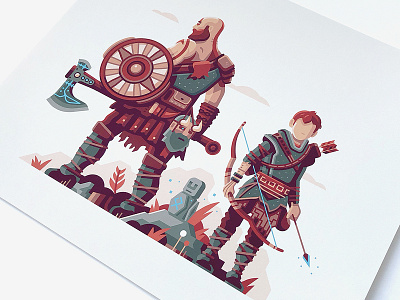 Print Detail: Warriors of Midgard axe bow character god of war plant print rock video game