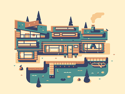 Lake House architecture bird boat forest game home house lake midcentury modern topdown tree