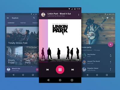 CrowdPlayer - Android app android cards dark dashboard list material music pink player purple ui ux