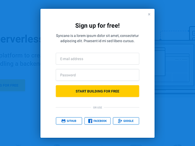 Sign up form design form forms log in modal popup register sign up syncano ui website
