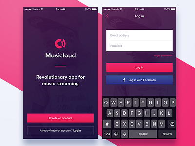 Musicloud - Welcome screens application ios iphone login mobile music pink register signup welcome white