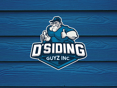 Siding Professionals blue caricature construction contractor guy home exteriors logo man mascot shield siding thumbs up