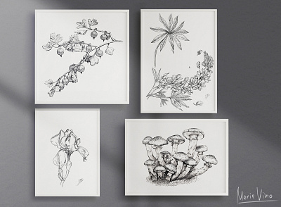 Botanical ink illustrations blackwhite botanical fabric floral pattern