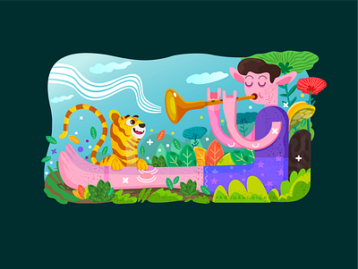 Little cat and Trumpet boy concept art illustration nature storybook vector