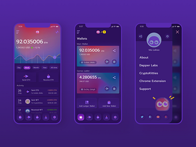 Dapper wallet app's dark theme app ui application applications crypto crypto wallet cryptokitties dark theme dark ui fintech mobile app mobile application mobile menu mobile ui neomorphism ui design