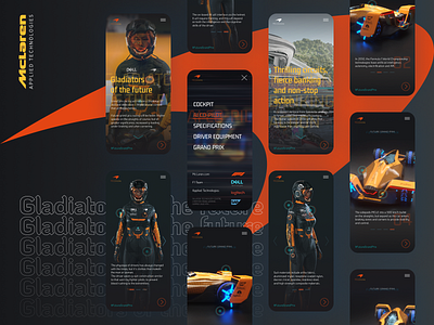 Gladiators of the future by McLaren dark theme dark ui f1 formula1 mclaren mobile design mobile menu mobile ui motorsport