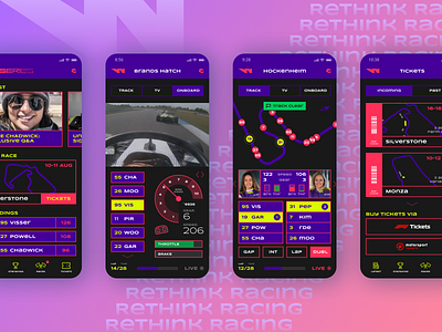 Rethink racing via W Series app_ application auto dark theme dark ui f1 formula1 mobile ui motorsport rethinkracing ui ui design wseries