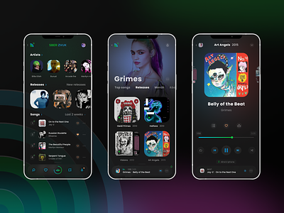 Sber Zvuk music app app design application dark theme dark ui gradient mobile ui music app music player streaming app ui design