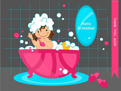 My First steps in Dribbble bath child debut first shot girl illustration thank you vector graphic