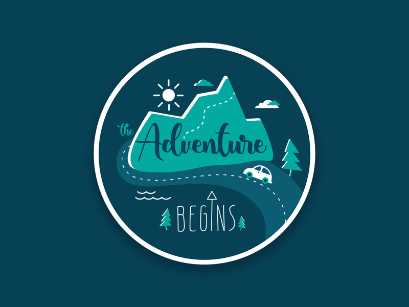 Adventure Begins wild nature road trip flat design blue inspiring pin hike mountains travel adventure graphic design sticker