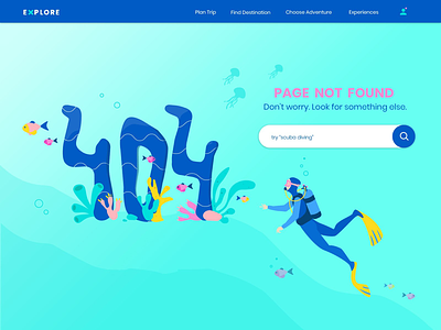 404 Page not found 404 page adventure flat design graphic designer illustration inspiration opportunity page not found scuba diving simple ui design under the sea