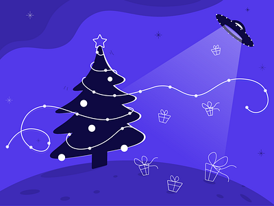 Presents from another dimension aliens alternative christmas design illustration lines monochrome presents purple space tree ui design