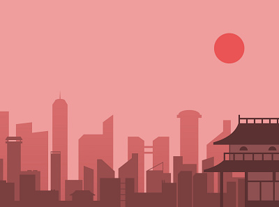 Minimalistic city background(4/4) 2d background city concept design graphic design illustration japan japanese kyoto moon pink style sun tokyo wallpaper