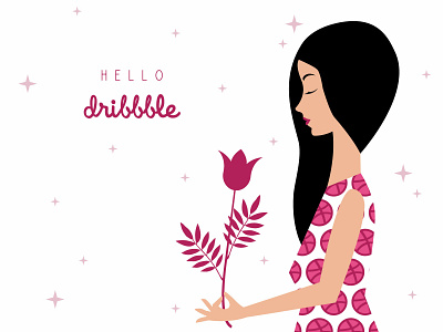 Hello Dribble beauty character clean debuts design digital dribbble fashion flat flower girl graphics hello illustration illustrator people romance vector web woman