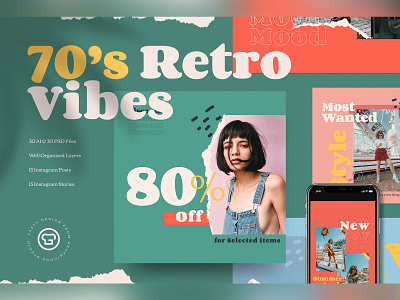 Summer 70's Vibes Instagram Pack 70s 70s vibes aesthetic colorful design fashion fashion retro graphicook graphicook studio hot summer instagram post instagram story retro vibes social media summer