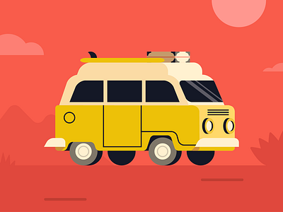 Road Trip 2d flat illustration road trip sunny surfing travel van vector vehicle vintage car