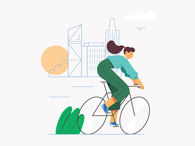 Authentic Self Illustration 2d bicycle birds buildings character clouds girl illustration morning riding san fran street sun sunrise website