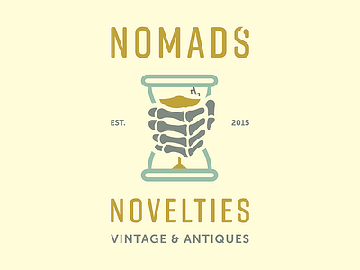 Nomads' Novelties Logo Concept hourglass lightcolorpalette logo logoconcept skeletonhand thriftshop vintage