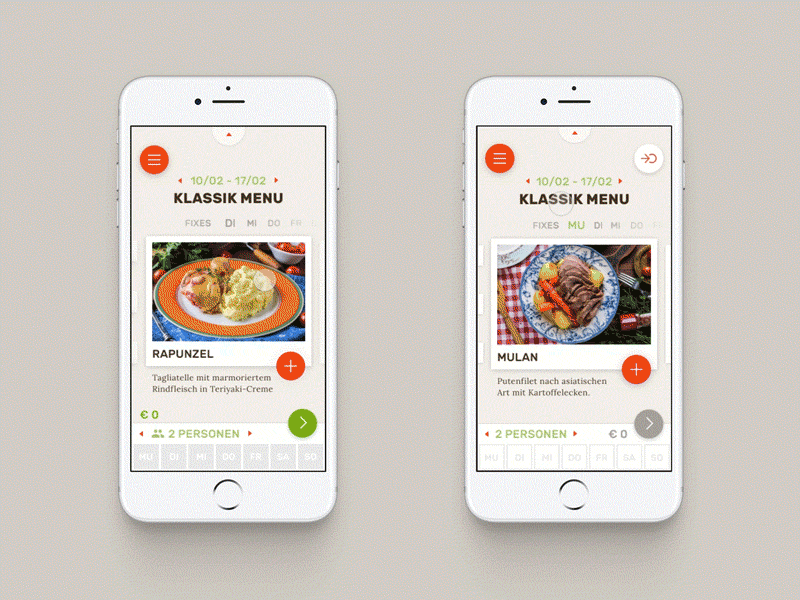 Food delivery interface animation principle material mobile burger week meal german red interface animation food menu