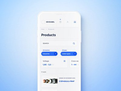Cable company interface blue cable catalog filter flat industrial interface minimal mobile white