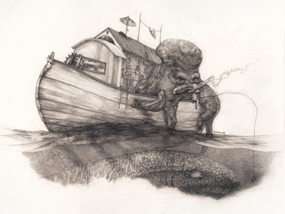 Hanging in a Houseboat children drawing fishing houseboat illustration ocean octopus pencil sketch