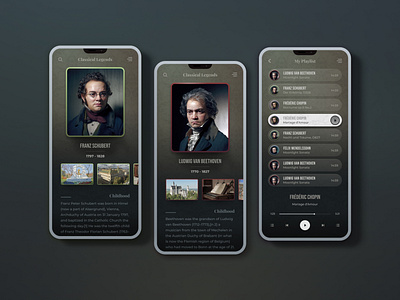 Classical Music Mobile App. app app design classical classical music composers concept design interface mobile mobile ui music player phone player playlist songs streaming ui ui design