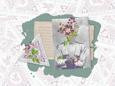 Gone to Flowers antique antiwar collage digital collage mail pacifism peace peaceful retro soldier stamps vintage war