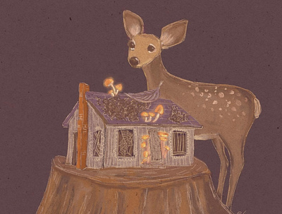 Discovery animal children illustration cosy deer doe fairy tale forest house illustration magic magical mushrooms mystery woods