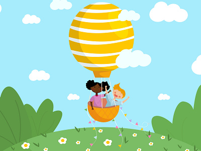 happy kids in a air balloon illustration vector