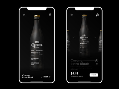 Corona Extra - Black Beer / Order Page app app branding bar beer black white bottle design luxury order sale ui uidesign ux web