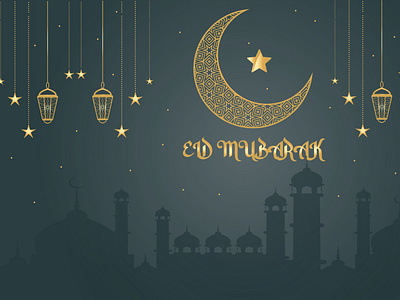 Traditional Eid Banner Golden Moon, canddle design