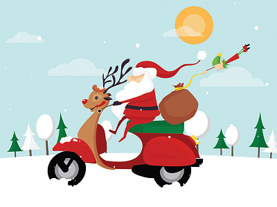 Santa Vespa christmas flat funny greeting illustration mangoline santa vector vespa