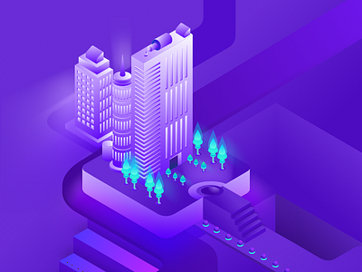 Isometric Digital Illustration WiP 3d building city design gradient illustration isometric purple trees ui web