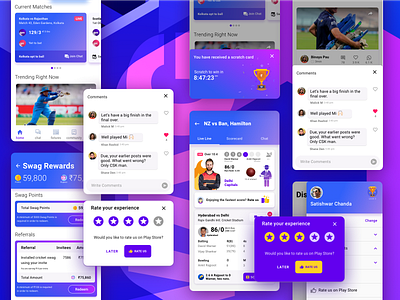 Sports App - Cricket Swag android card clean colors cricket fresh gradient graphics material mobile player product purple score sports store ui uidesign ux white