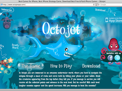 Octojet Game Website android app appstore arcade background character concept design game illustration ios ipad iphone navigation new sketch theme ui underwater ux web