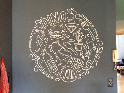 Kitchen mural burger cat champagne dinner drawing food illustration kitchen lobster mural posca wall