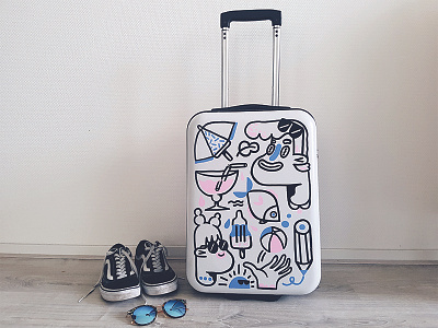 Suitcase painting character cocktail customized drawing holiday illustration suitcase sunglasses travel