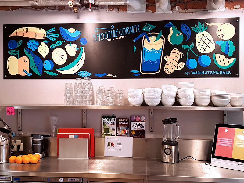 Smoothie chalkboard painting illustration mural drinks juice vegetables veggies fruit smoothie lettering chalkboard