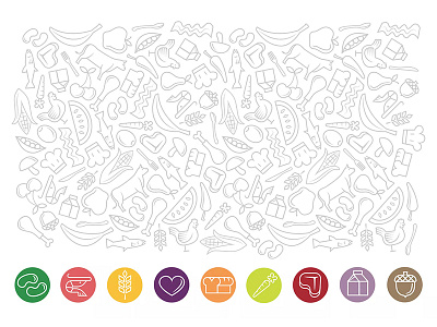 Food Pattern and Icons allergies cooking food iconography icons illustration ingredients lines meat pattern recipe tiled