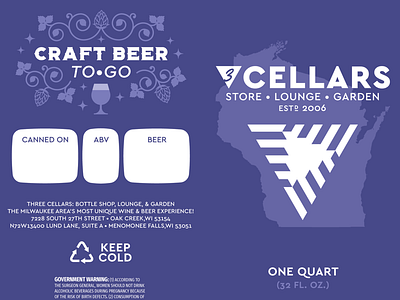 Three Cellars Crowler Label beer bottle brewery brewing food hops label logo packaging pattern restaurant retail wine