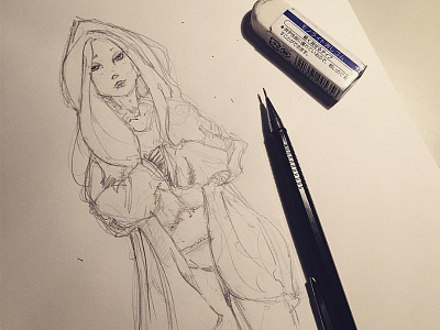 The Red Cape black and white character drawing illustration wip