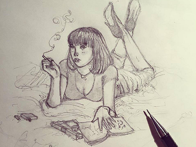 Mia Wallace black and white character drawing hand drawing illustration wip