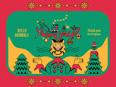 Hello Dribbble 2d animal card cat christmas debut design dribbble first shot illustration