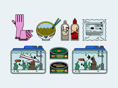 Chungking Express 2d can design fish tank illustration movie rubber gloves sardine sauce vector