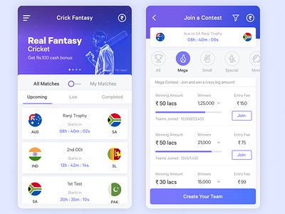 Fantasy Cricket App Redesign app application cricket design fantasy interface layout mobile sports ui